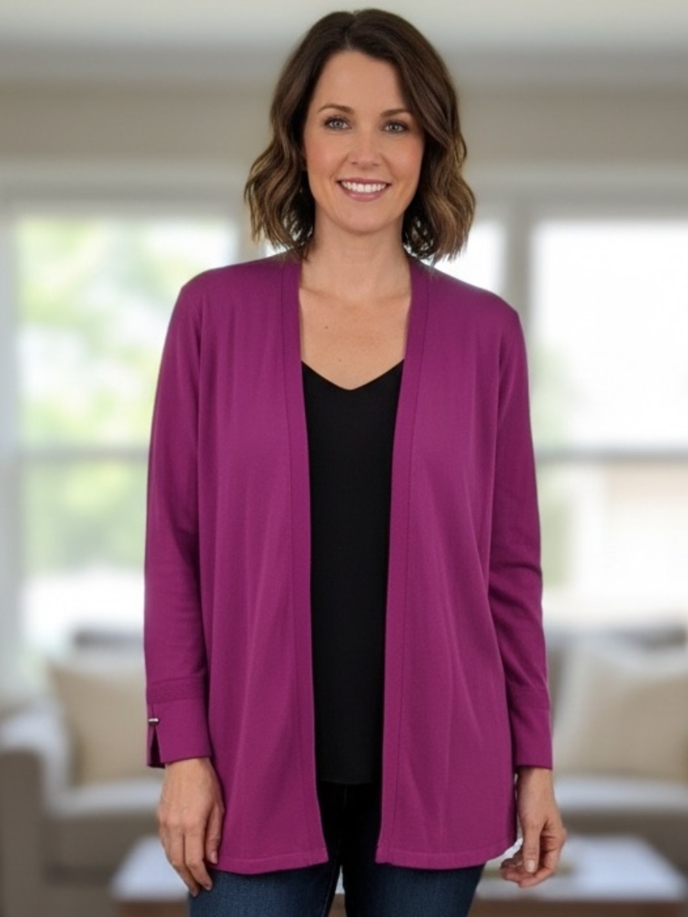 Chico’s (Size 3) open cardigan in magenta with a soft-textured knit. - Picture 2 of 8